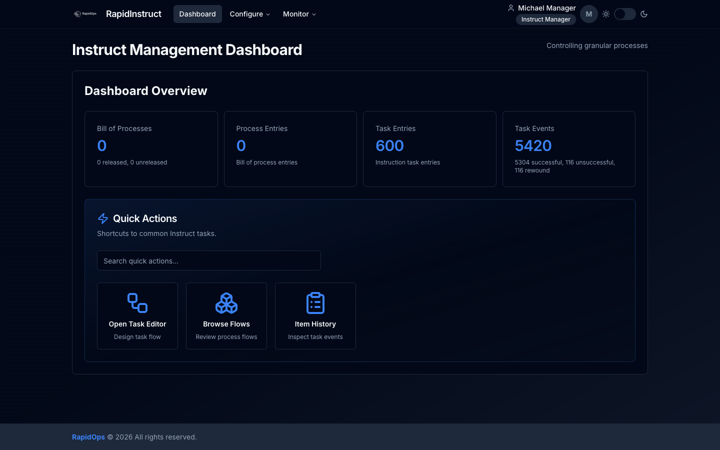 RapidInstruct dashboard showing bill of process, task, and event statistics