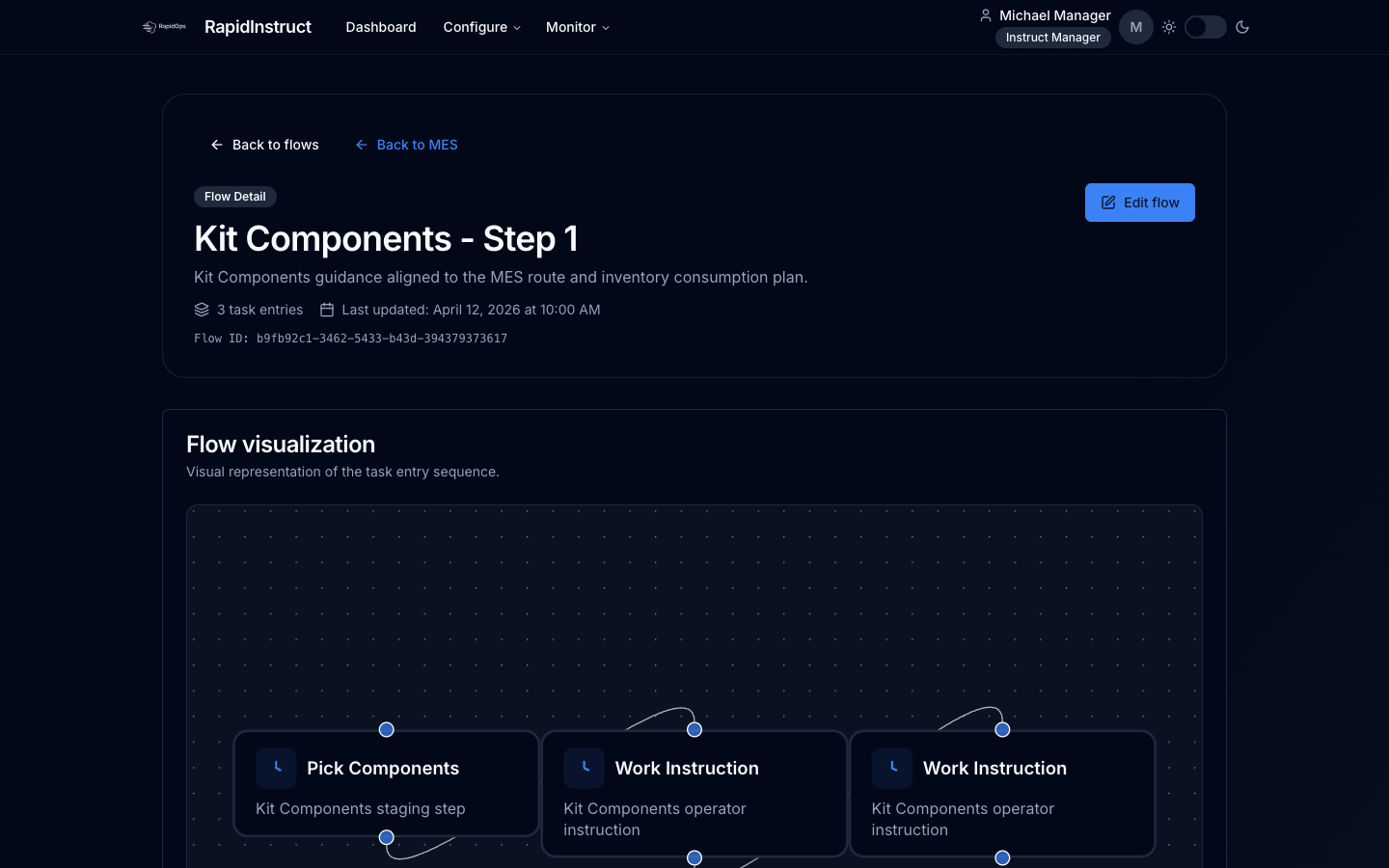 RapidInstruct flow detail screen showing seeded task entries