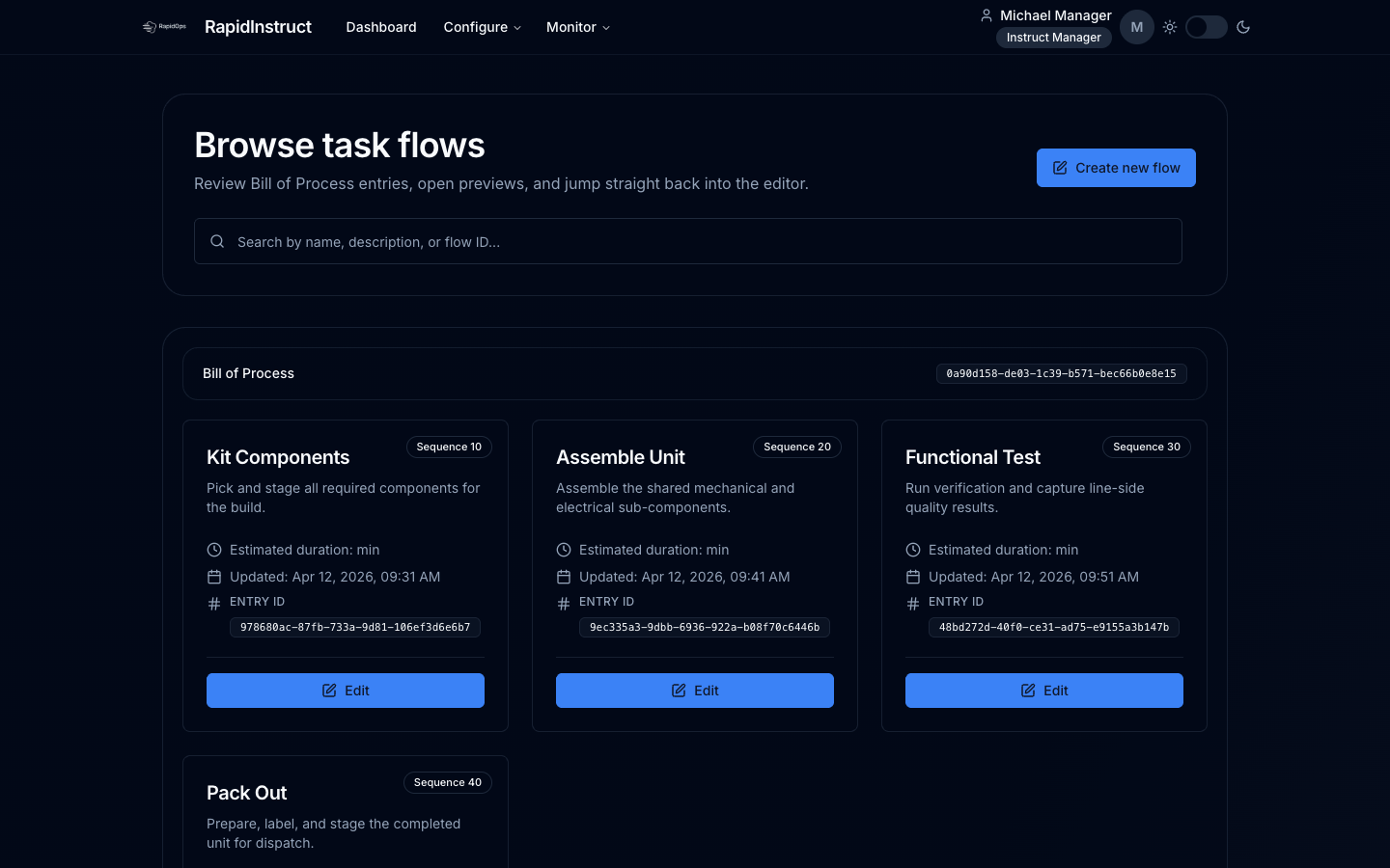 RapidInstruct flows browser showing seeded process flows
