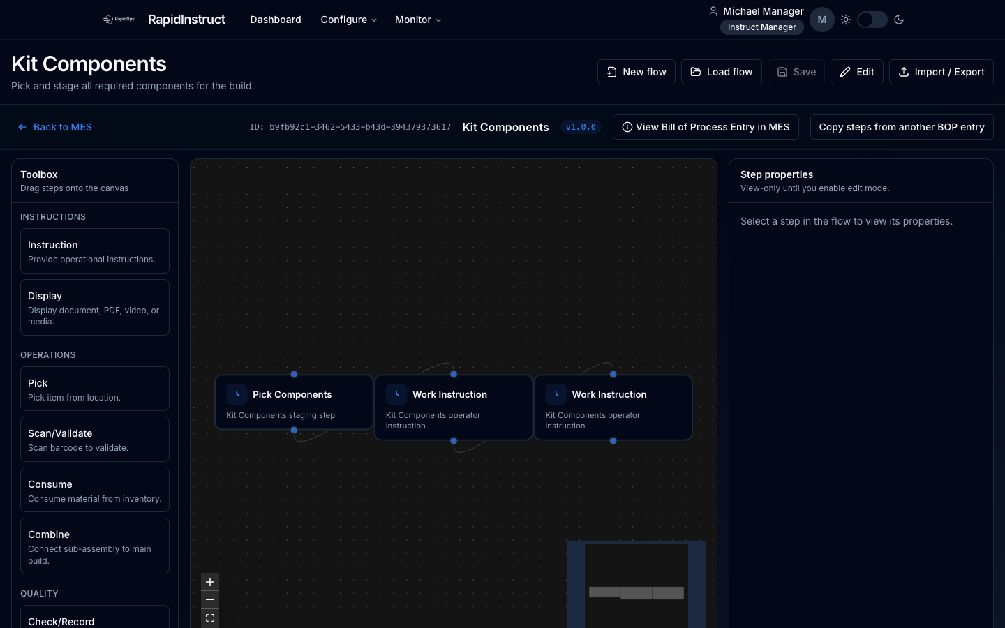 RapidInstruct task editor showing a seeded task flow