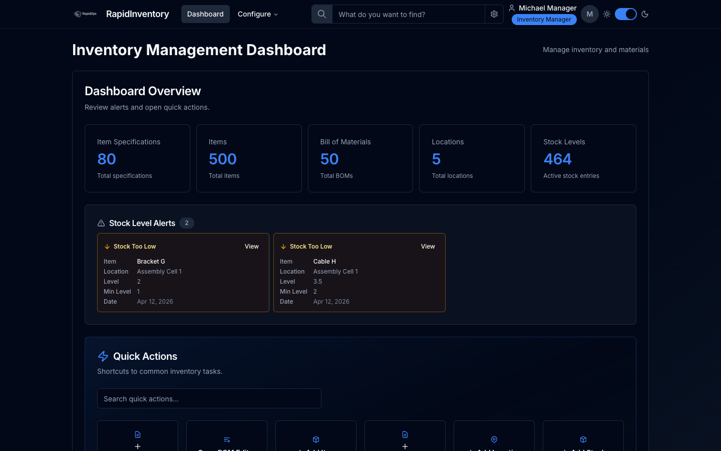 RapidInventory dashboard showing stock totals, alerts, and quick actions