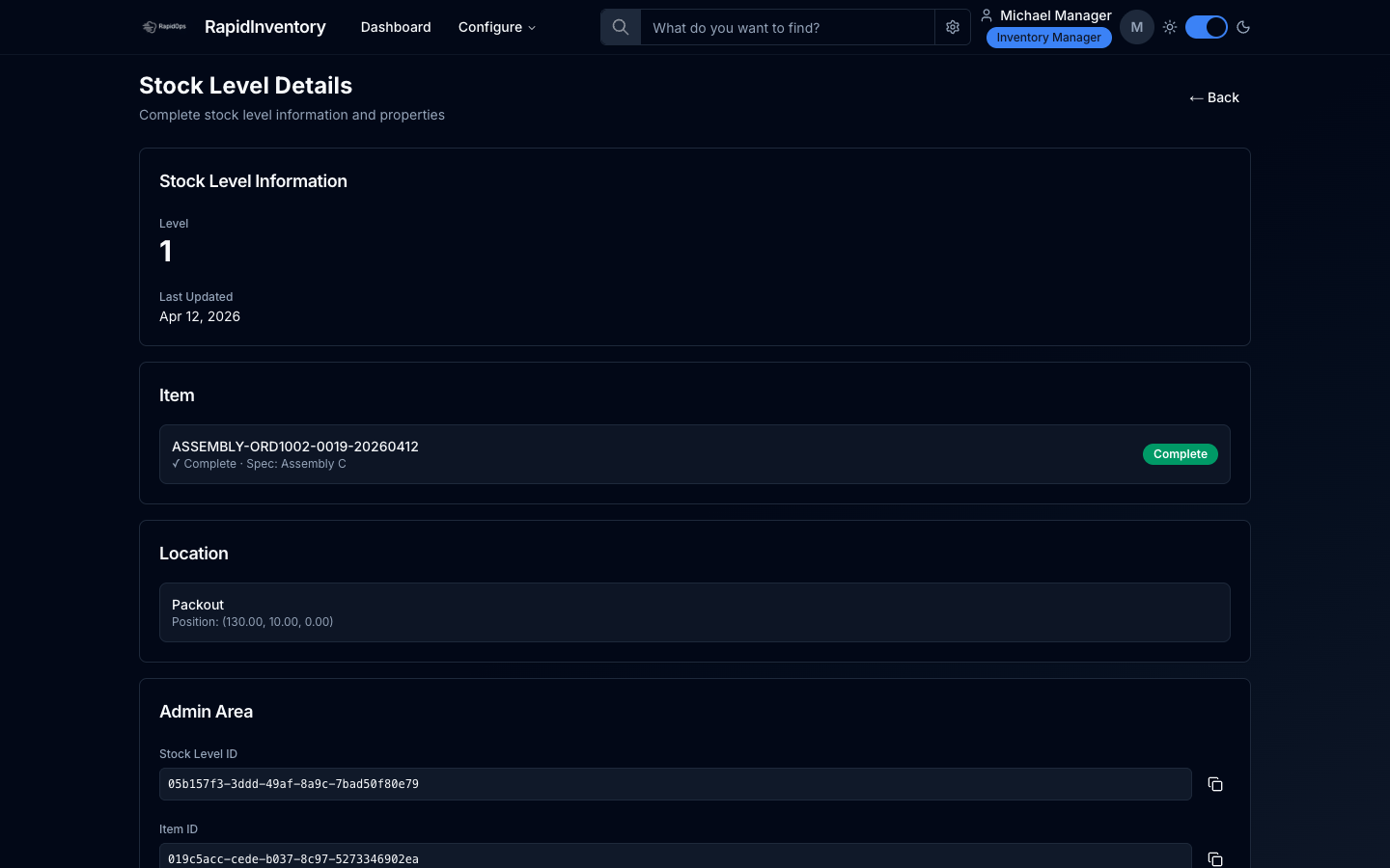 RapidInventory stock level detail page showing seeded stock data