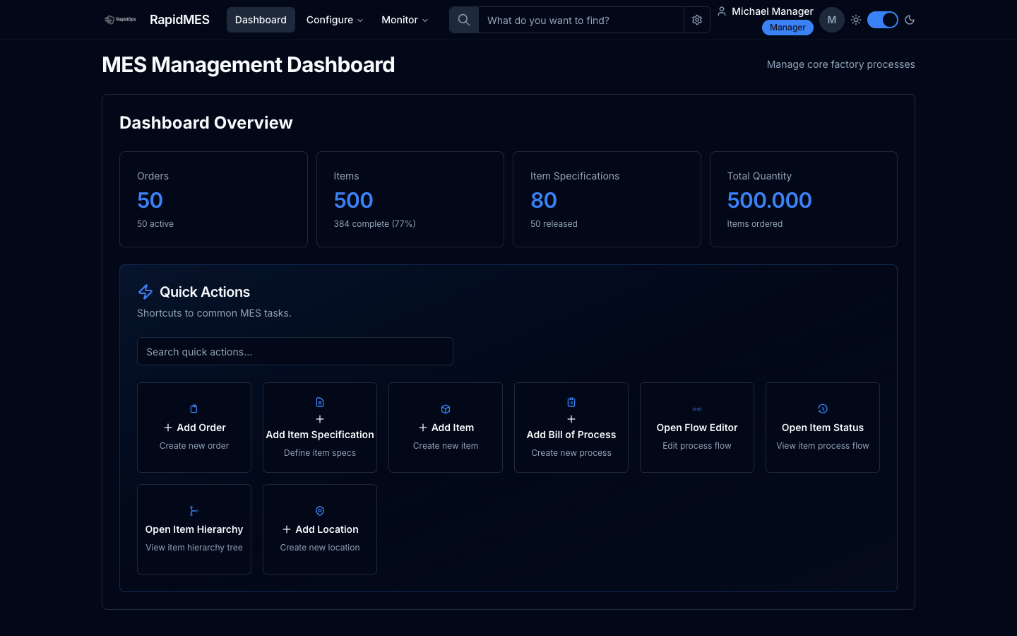 RapidMES dashboard showing orders, items, item specifications, and quick actions