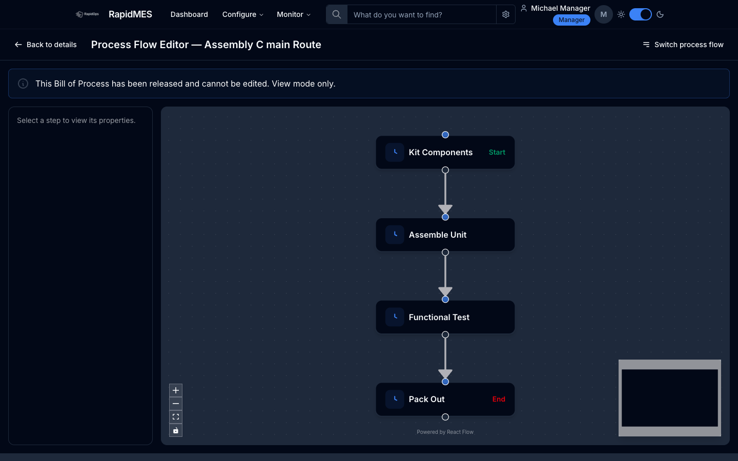 RapidMES Bill of Process flow editor showing seeded process steps