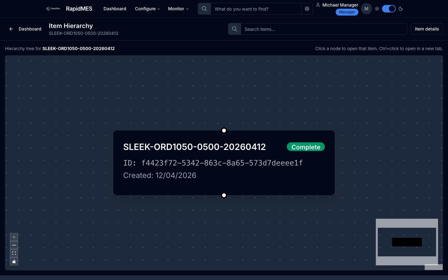 RapidMES item hierarchy screen with a seeded item selected