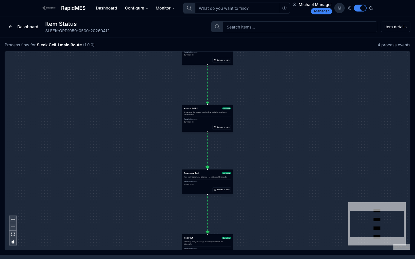 RapidMES item status screen with a seeded item selected